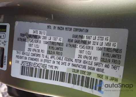 2014 Mazda Cx-9 Sport z USA, uszkodzony, nr VIN JM3TB3BVXE0427458